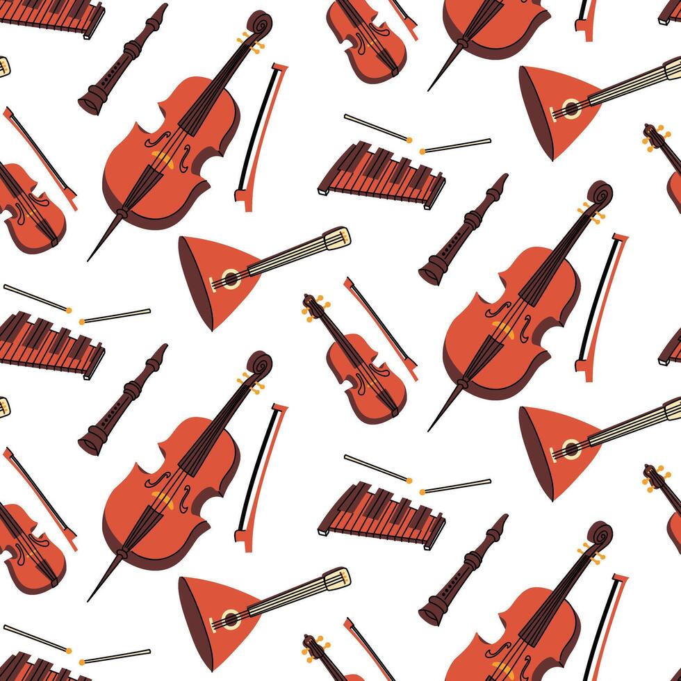 Pattern with musical instruments, colored flat illustrations. cello, xylophone, pipe, bow, balalaika, violin in brown colors. Strings, wind instruments. Seamless musical texture for printing on fabric vector