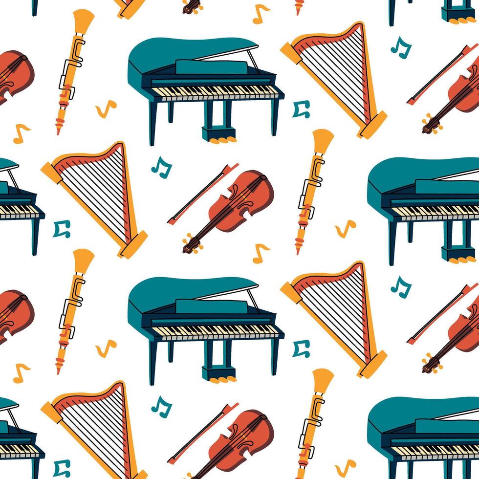 Pattern with musical instruments, colored flat illustrations. piano, violin, harp, flute, notes in different colors. Strings, wind instruments, keyboards. Seamless musical texture for printing fabric vector