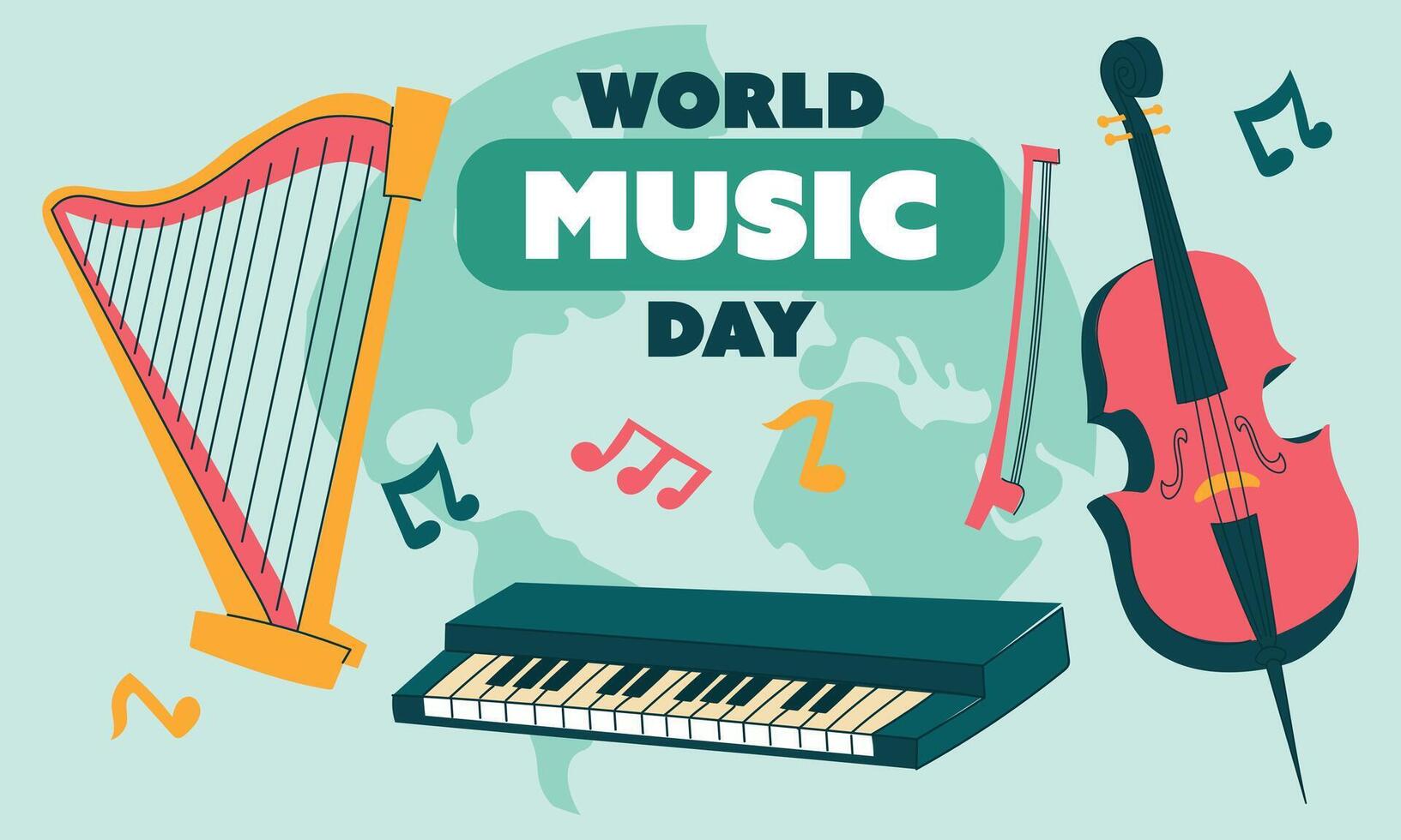 World Music Day, text illustration. Flat illustration of musical instruments for October 1 for the web design music day, horizontal banner, keys, harp, double bass with notes on the ground. vector