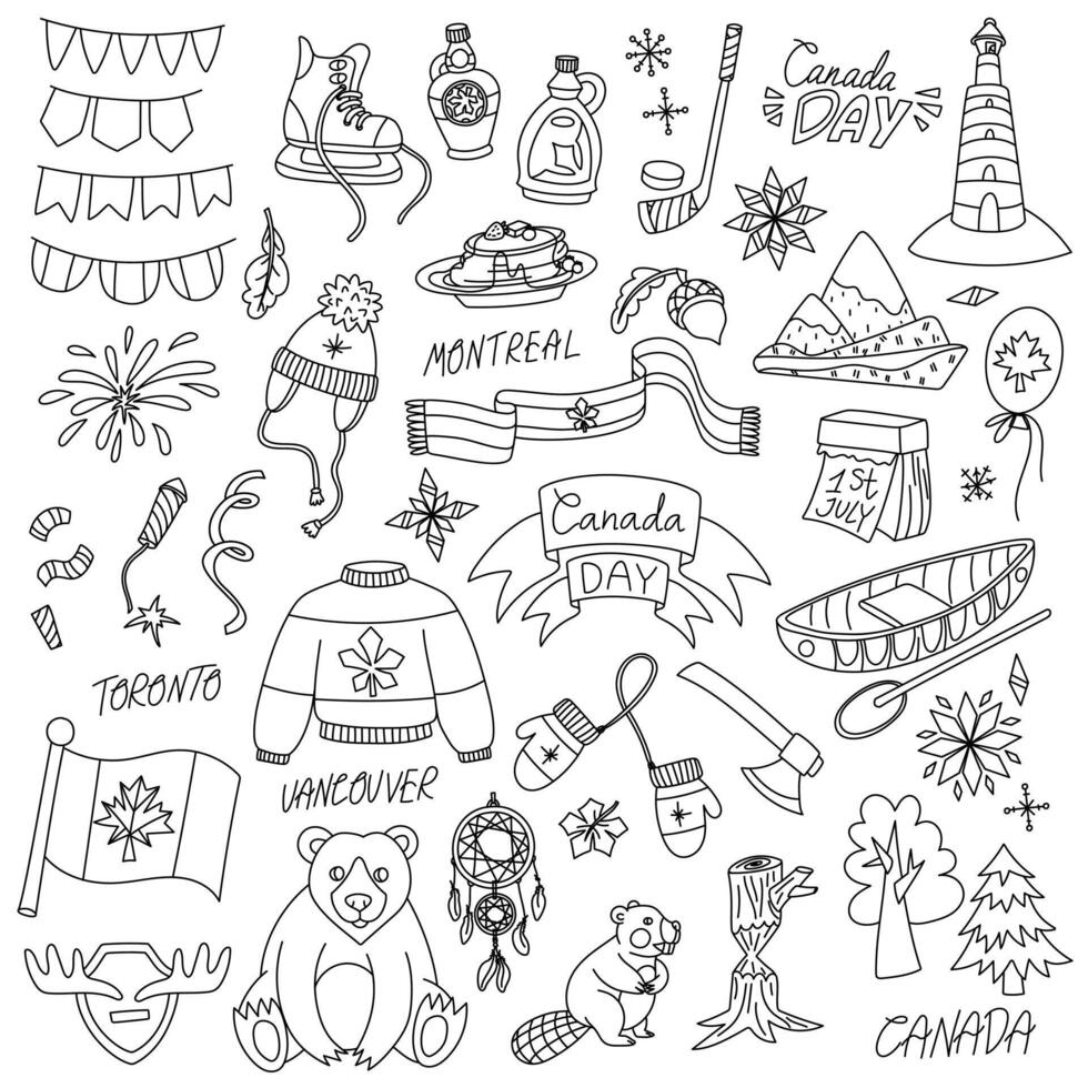 set of illustrations with a Canadian theme in a flat contour style. Canada Day. Isolated objects, animals on white. It is ideal for designing websites, applications, and souvenirs. vector
