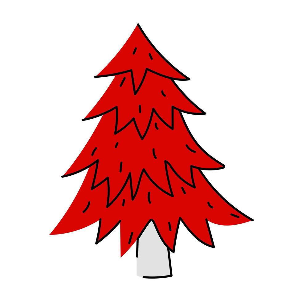 A flat illustration of a hand-drawn red Christmas tree. The Christmas tree is depicted with a characteristic cone-shaped shape and branches, a gray trunk with a red crown. Canadian color vector