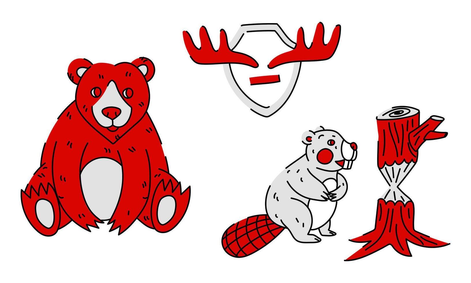 flat illustration of a set of red Canadian animals with a black outline and texture. Bear, beaver, moose horns. A bright isolated animal, the theme of Canada Day, on a white background vector