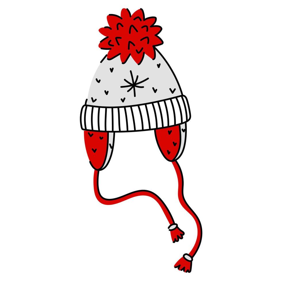 Knitted hat with drawstring ears in a flat style. An illustration with a linear contour in red and white colors. Warm headdress with tassels and a pompom in the color of the Canadian flag. Canada Day vector