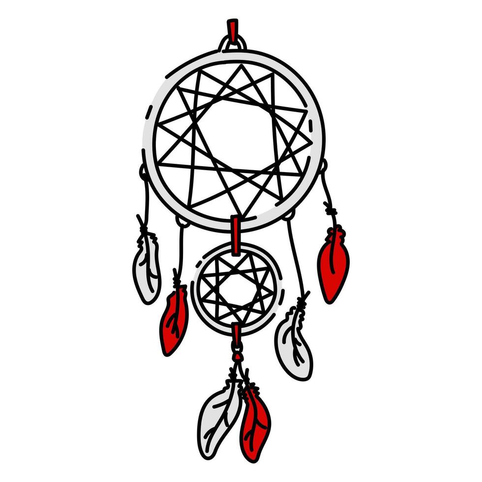 flat illustration of a dream catcher. Round wooden bases with stretched threads. Threads hang from the base, at the ends of which feathers are attached, symbolizing lightness and freedom in Canada vector