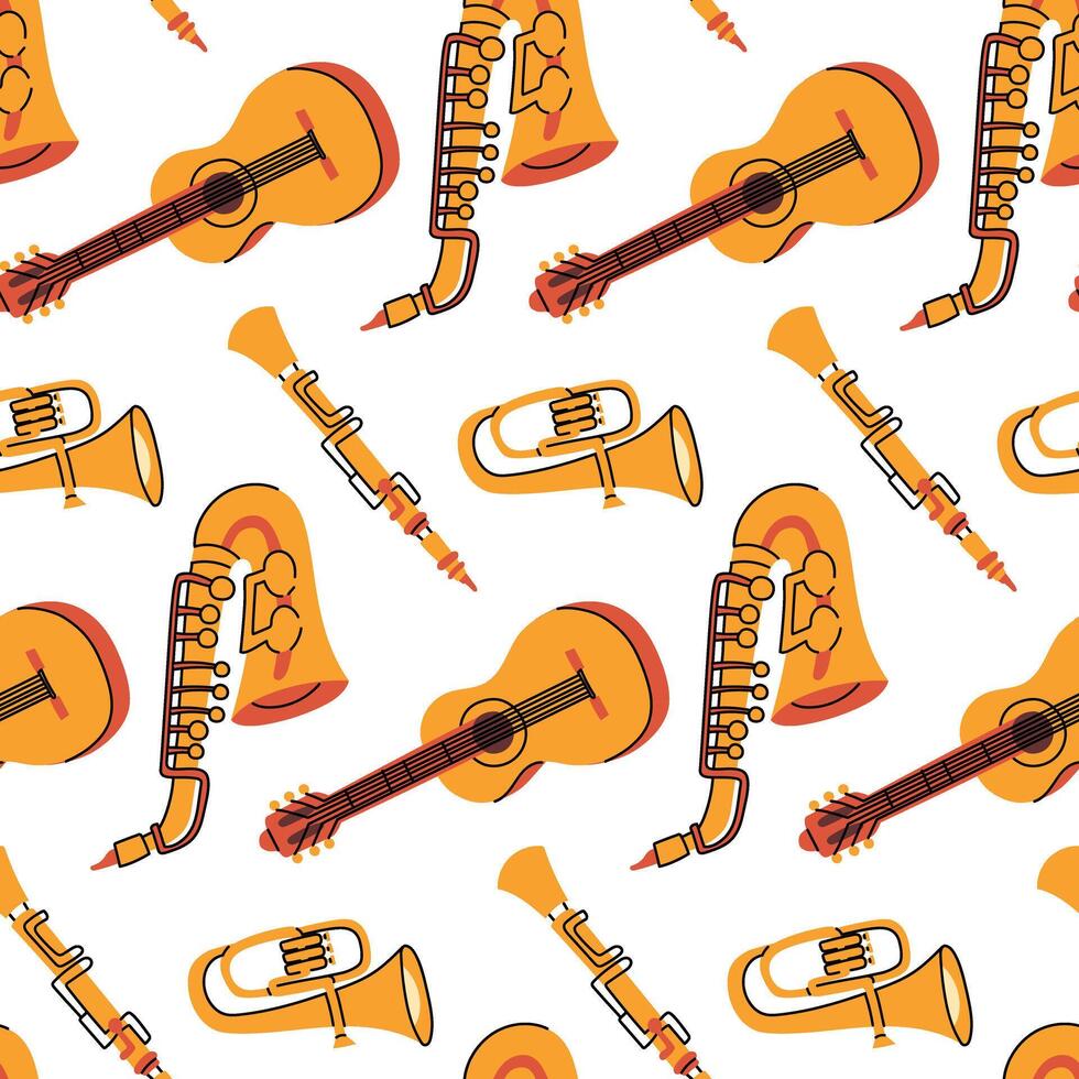 Pattern with musical instruments, colored flat illustrations. guitar, saxophone, flute, pipe in yellow colors. Strings, wind instruments. Seamless musical texture for printing on fabric vector