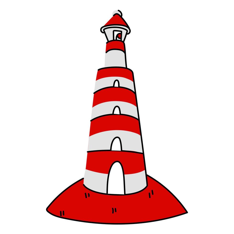 Flat illustration of a striped lighthouse, painted in red and white colors, standing on top in the grass. Illustration in the colors of the Canadian flag the subject of association with Canada. vector