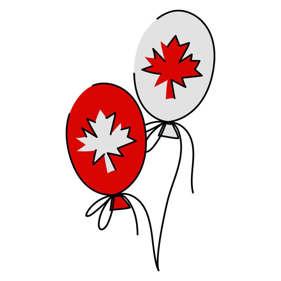 Flat illustration of two balloons stylized as the Canadian flag. First ball is white with a red maple leaf, the second is red with a white maple leaf isolated on a rope flying up. Canada Day vector