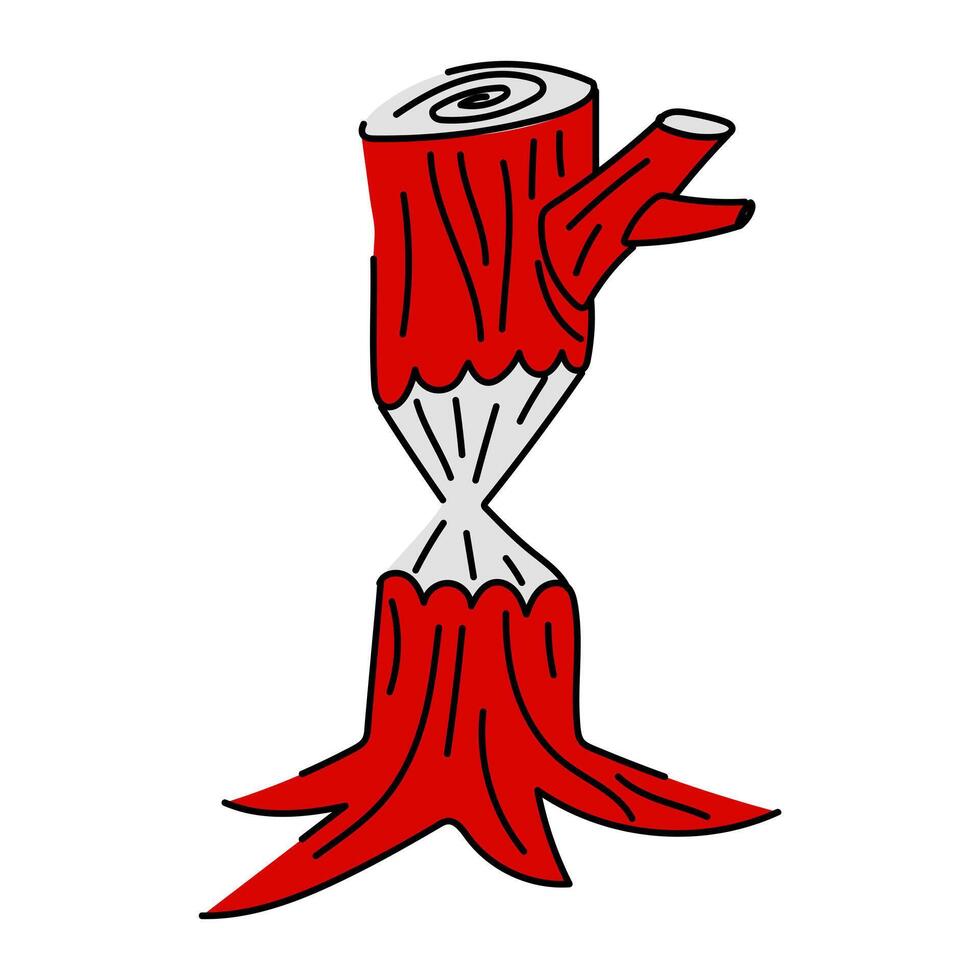 A flat illustration of a tree gnawed by a beaver in red. The tree is depicted with characteristic traces of beaver teeth, made in the form of a red spot like bark, white inside vector