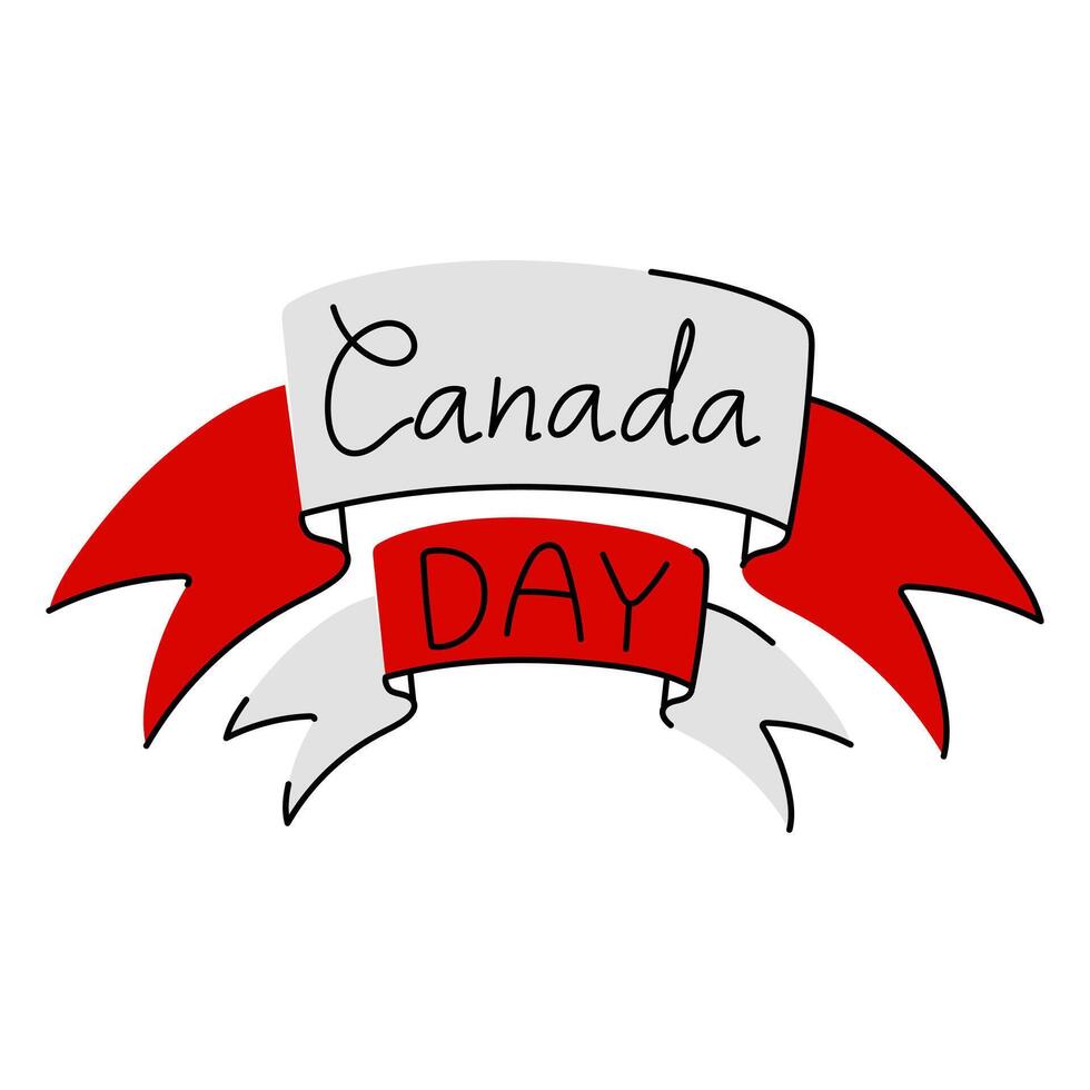 flat illustration with the inscription Canada Day on ribbons, handwritten. Inscription is made in the colors of the Canadian flag red and white, with the addition of black outline for emphasis. vector