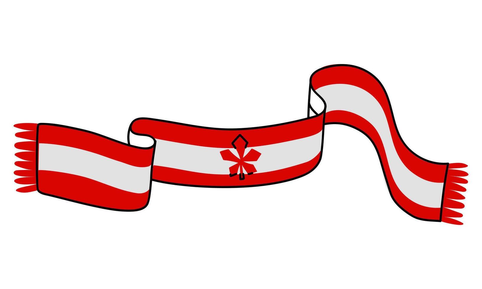 Knitted long scarf with maple leaf in a flat style. An illustration with a linear outline in red and white. Warm items of clothing for neck heating in the color of the Canadian flag. Canada Day vector
