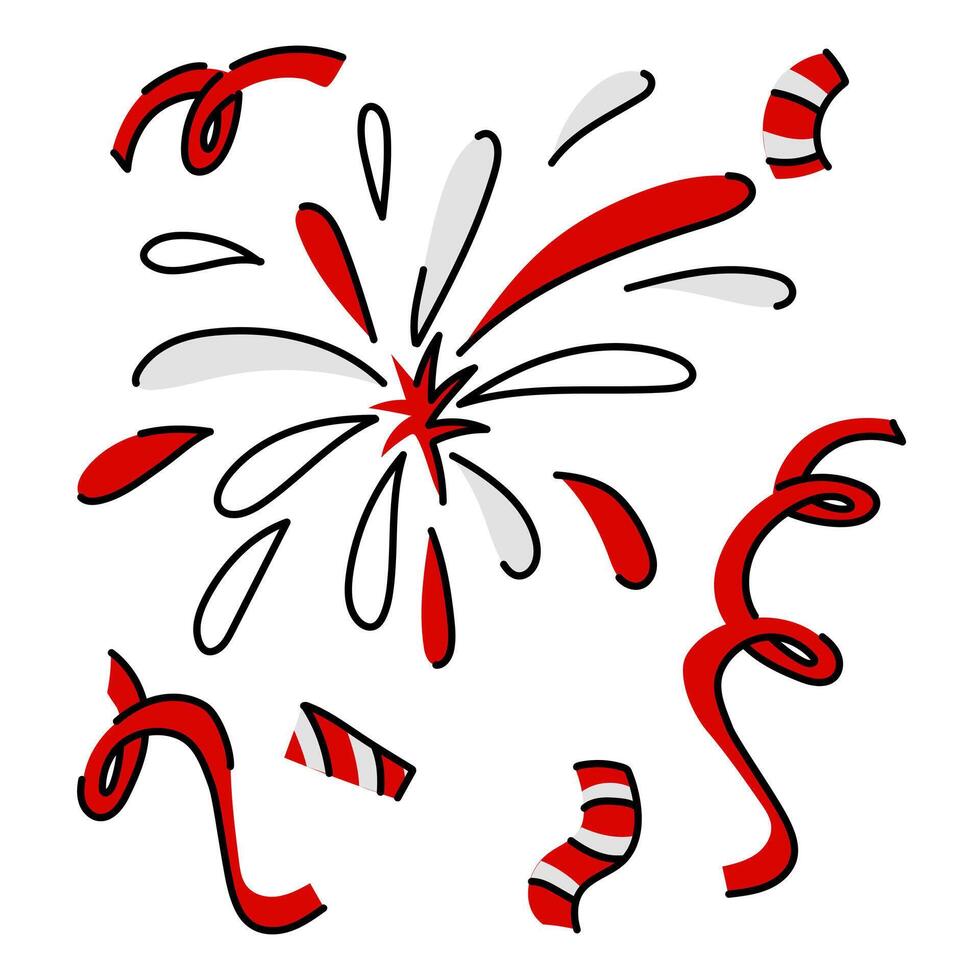 A flat illustration of a variety of confetti and fireworks, made in the form of stripes of red and white, stylized under the Canadian flag. Confetti and fireworks from flying droplets. vector