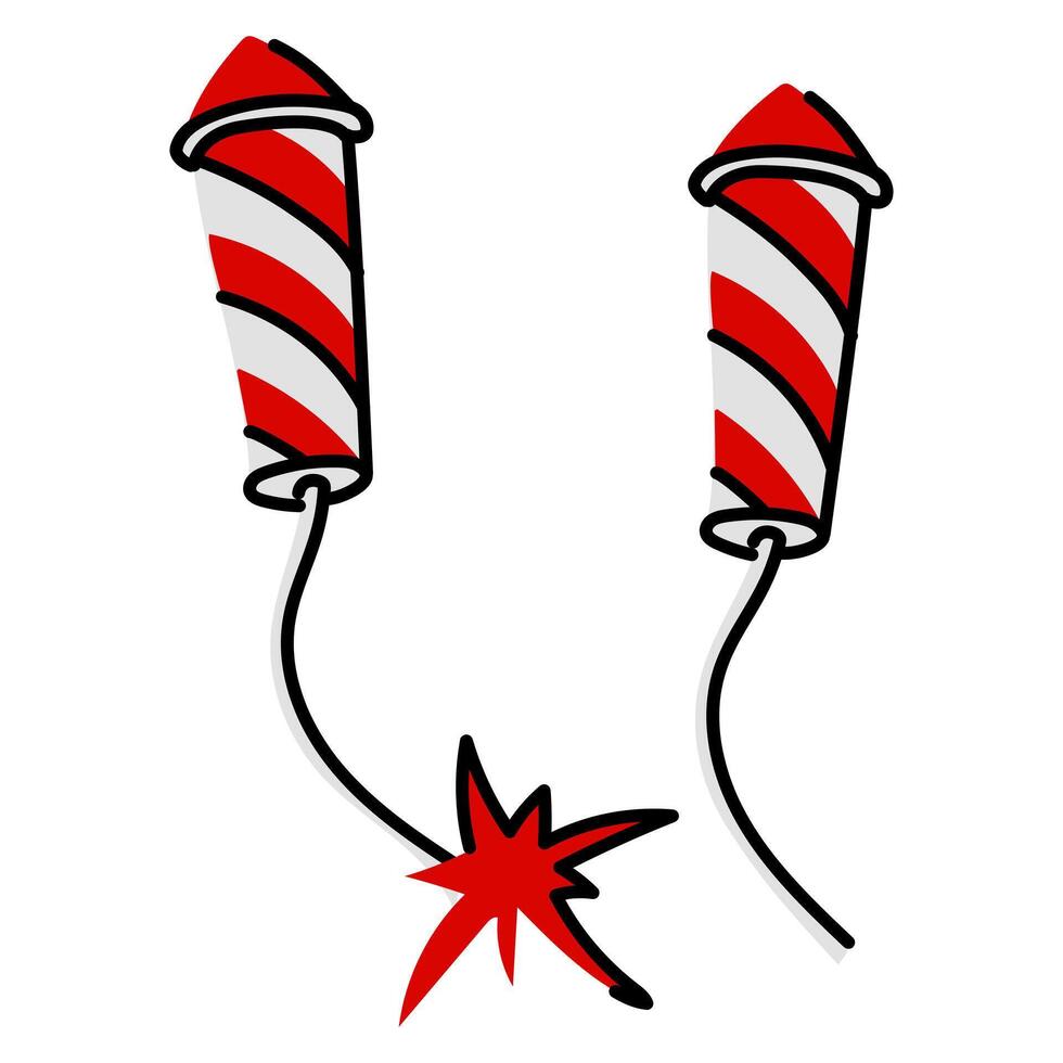 flat illustration of a set of a fireworks rocket taking off on a stick and a regular one, made in red, white, stylized as the Canadian flag. rocket from a fireworks display with bright fire. Bright vector