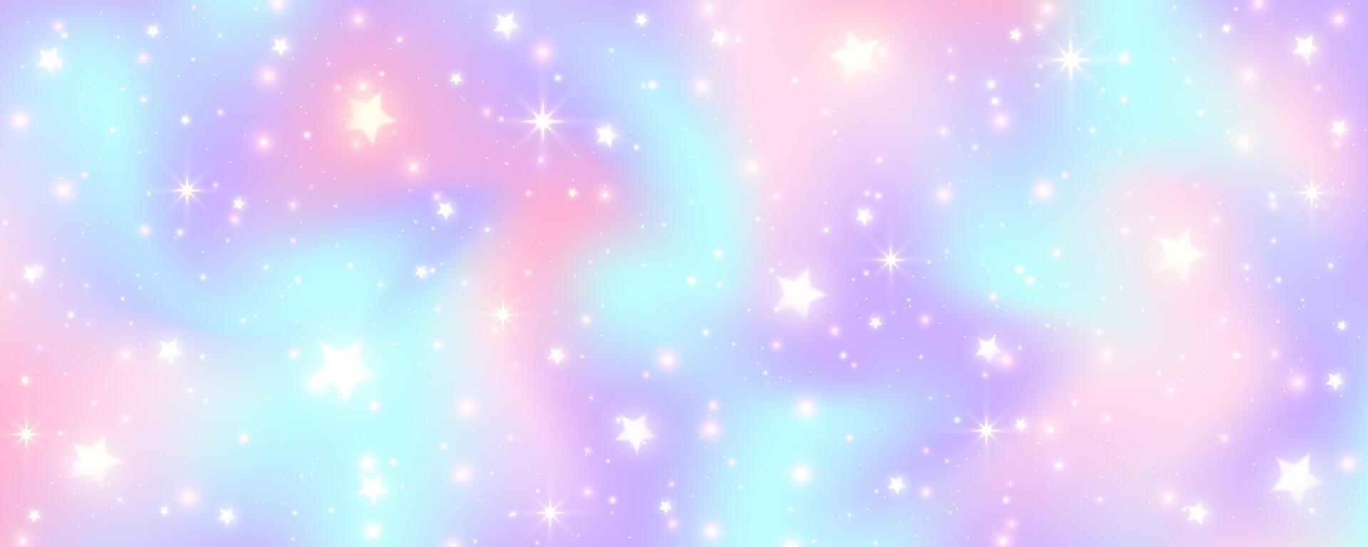 Unicorn wavy fluid sky with stars. Gradient blurred background with sparkles. Pink and blue holographic fantasy wallpaper vector
