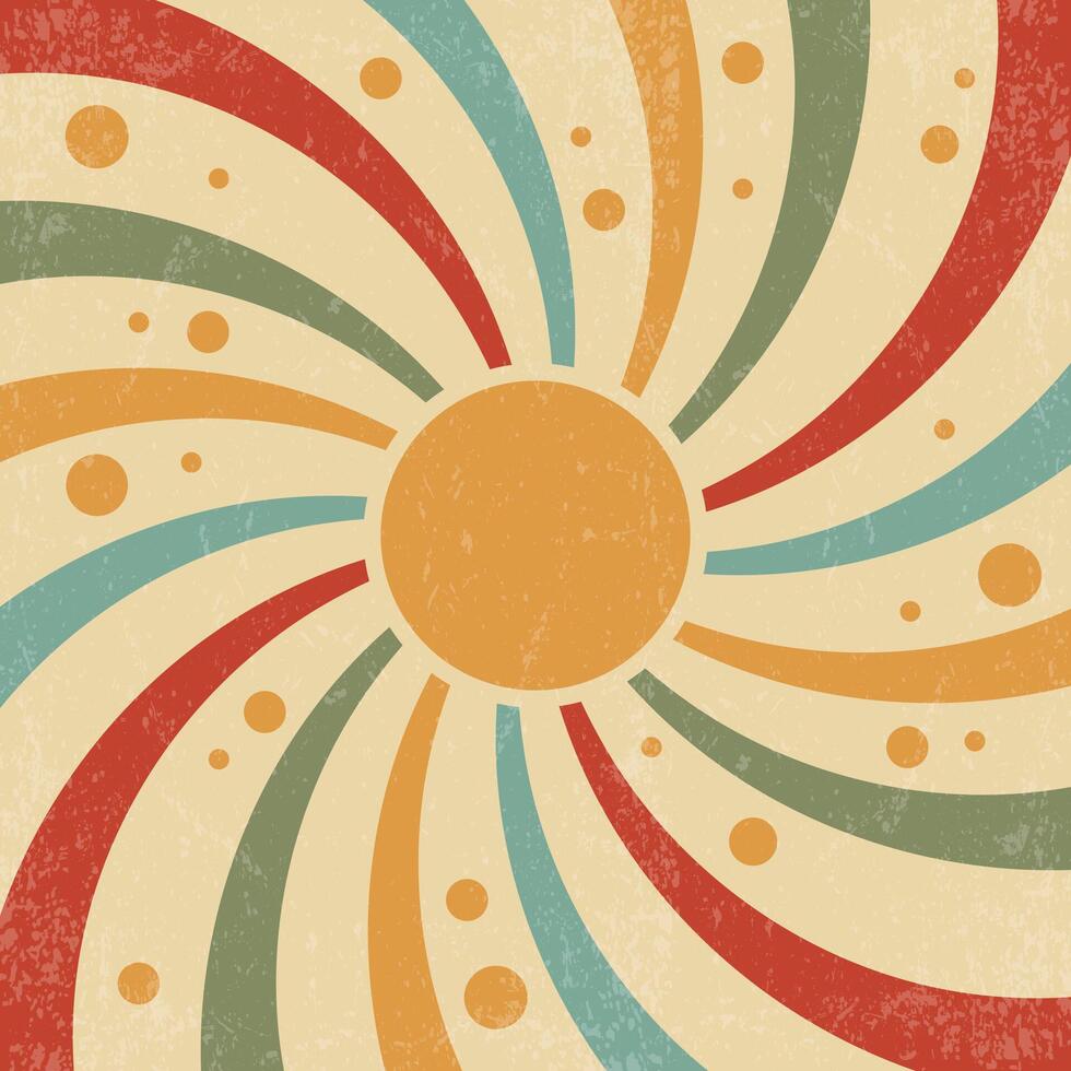 Sunny retro background with radial rays. 70s abstract poster with beams. Groovy vintage design illustration. Color old paper grunge texture banner. vector
