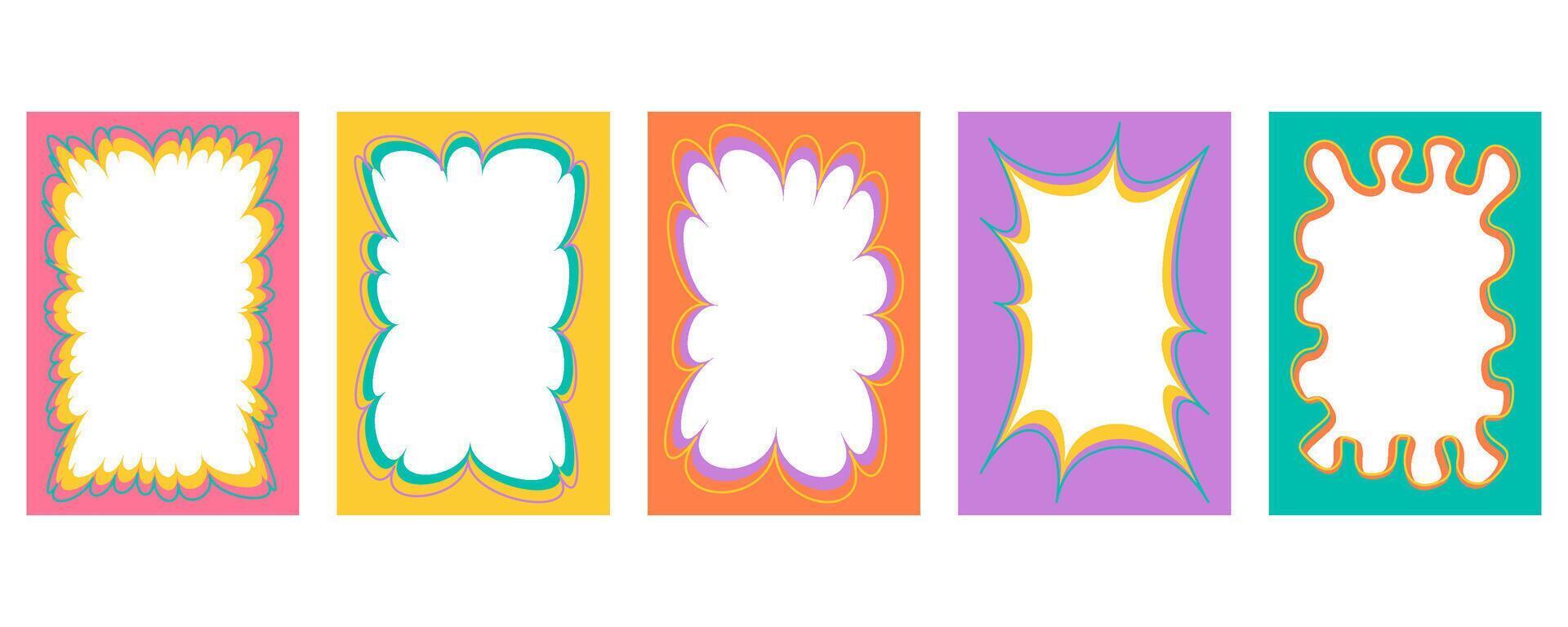 Wavy scallop border shapes. Rectangle fun psychedelic hand drawn frame. Doodle cute design for text photo and picture. Groovy child template. Y2K decorative blank. vector