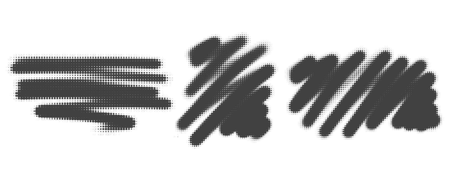 Halftone noisy gradient paint brush stroke. Dotted blobs. Abstract grunge elements isolated on white background. vector