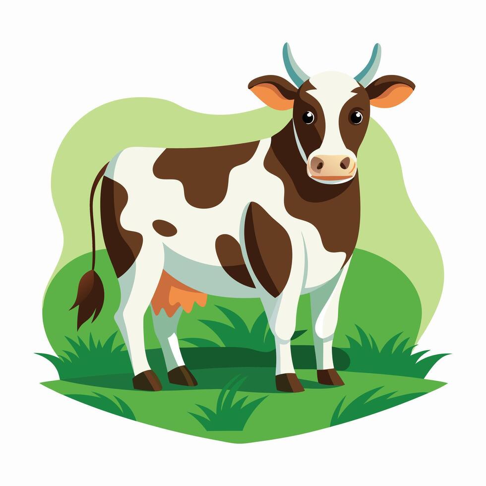 A cute cartoon cow standing on a green pasture with a leafy background, depicting farm life and agriculture. vector