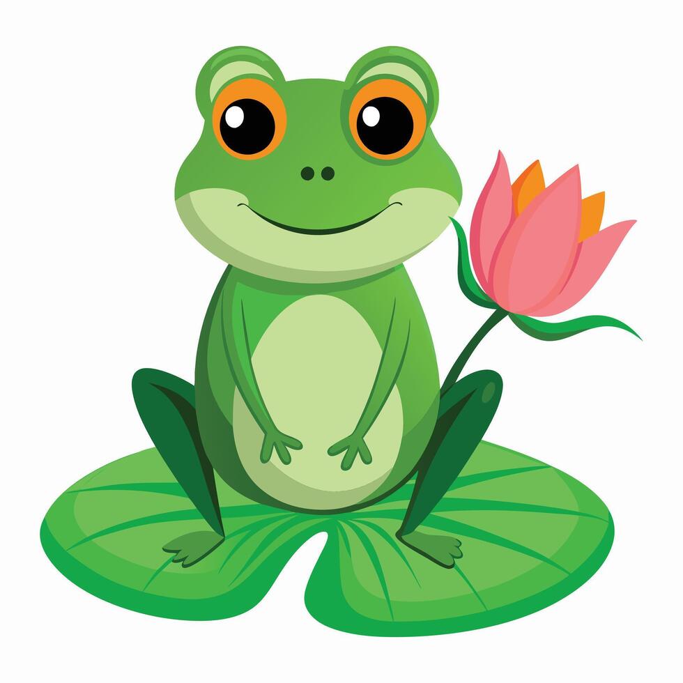 Adorable cartoon frog sitting on a lily pad in a pond, surrounded by colorful water lilies and leaves. vector
