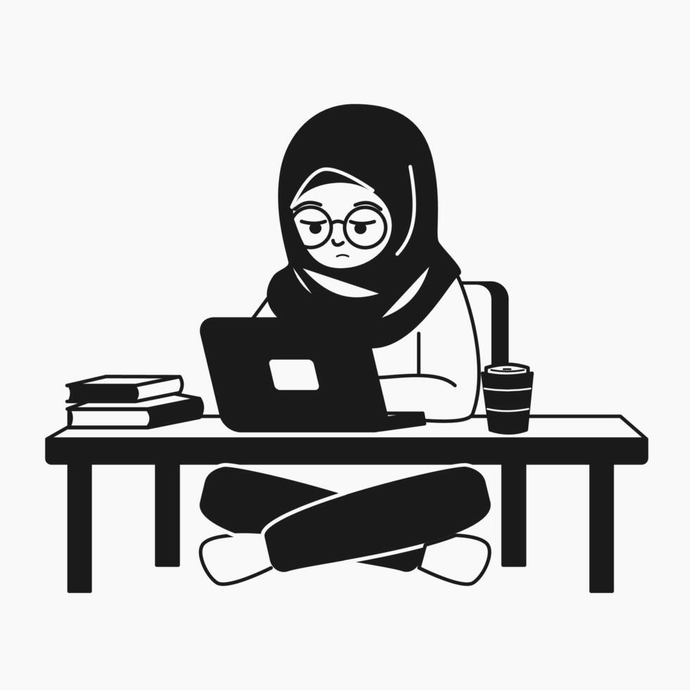 muslim woman working on laptop at desk with tired face, black and white color vector