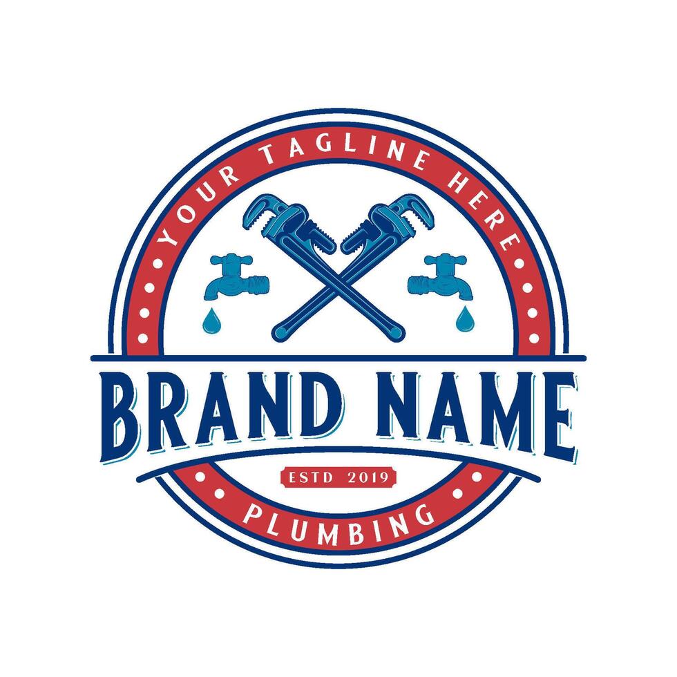 plumbing emblem logo. water tap and adjustable wrench, for pipe repair vector