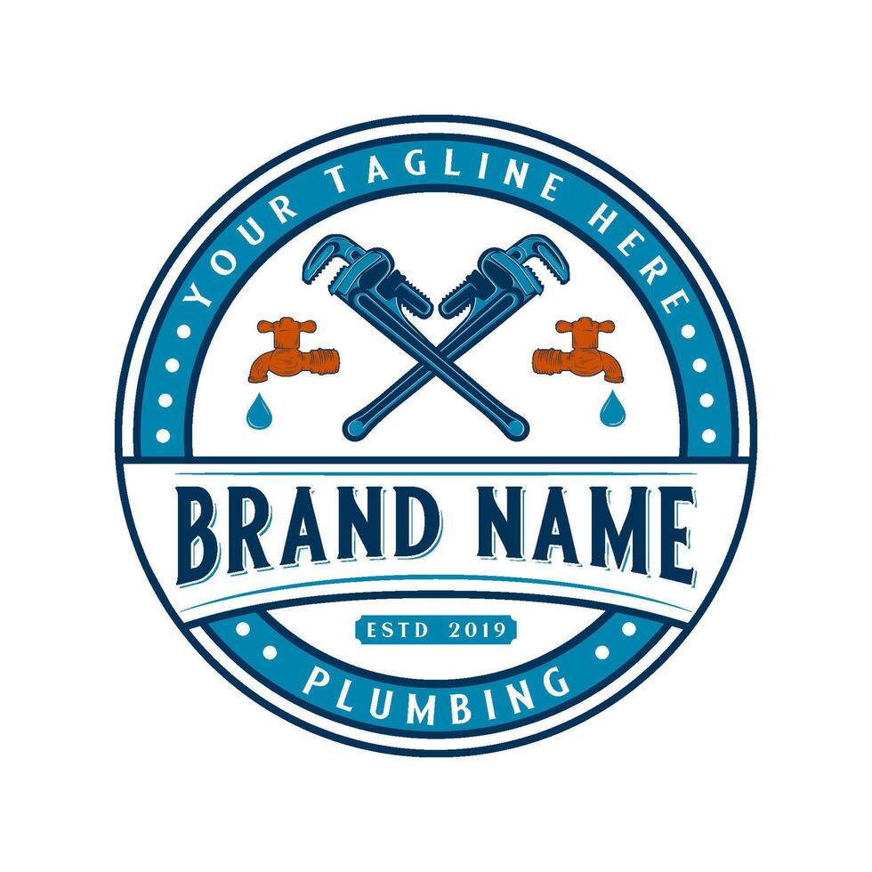 water tap repair logo. vintage retro water droplets, crossed pipe wrenches, for plumbers, plumbing repair and maintenance. vector
