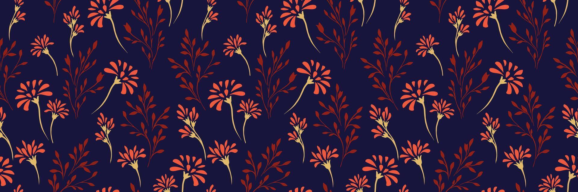 Summer pattern with abstract tiny floral stems and small branches on a dark background. hand drawing unique flowers. Simple ornament for designs, textile, cover, surface design, fabric vector