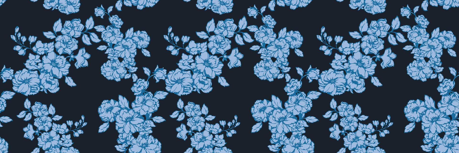 Seamless blue floral pattern on a dark background. Elegant botanical design. Hand drawing blooming meadow. Abstract artistic branches flower intertwined in a nature ornament. illustration vector