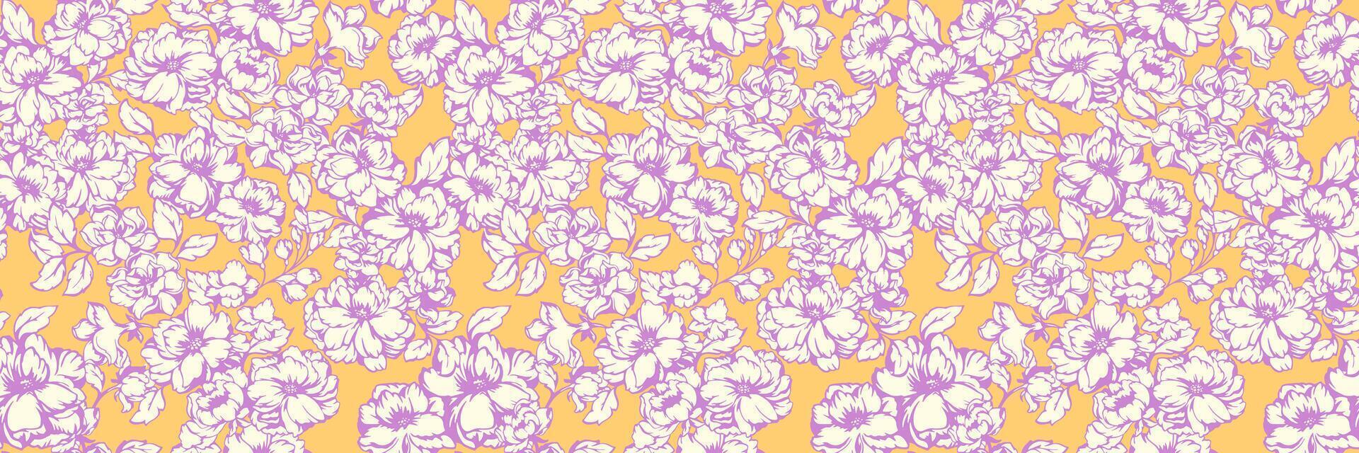 Artistic abstract seamless florals pattern on a yellow background. Colorful summer blooming meadow print. hand drawing stylized peonies, rose. Ornament for designs, textile, fashion, fabric vector