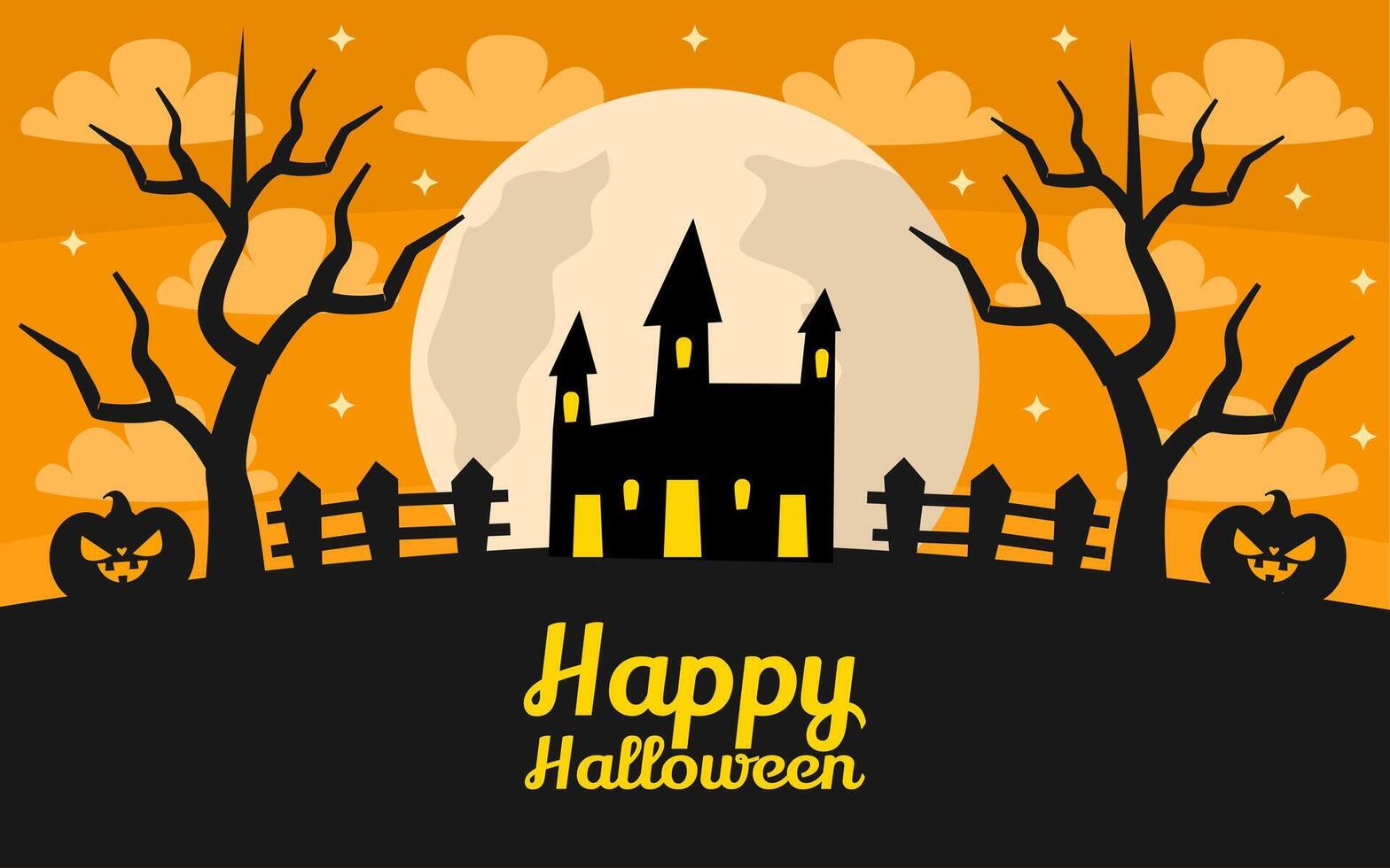 Haunted house, full moon, trees, pumpkins, fence, Halloween greeting. vector