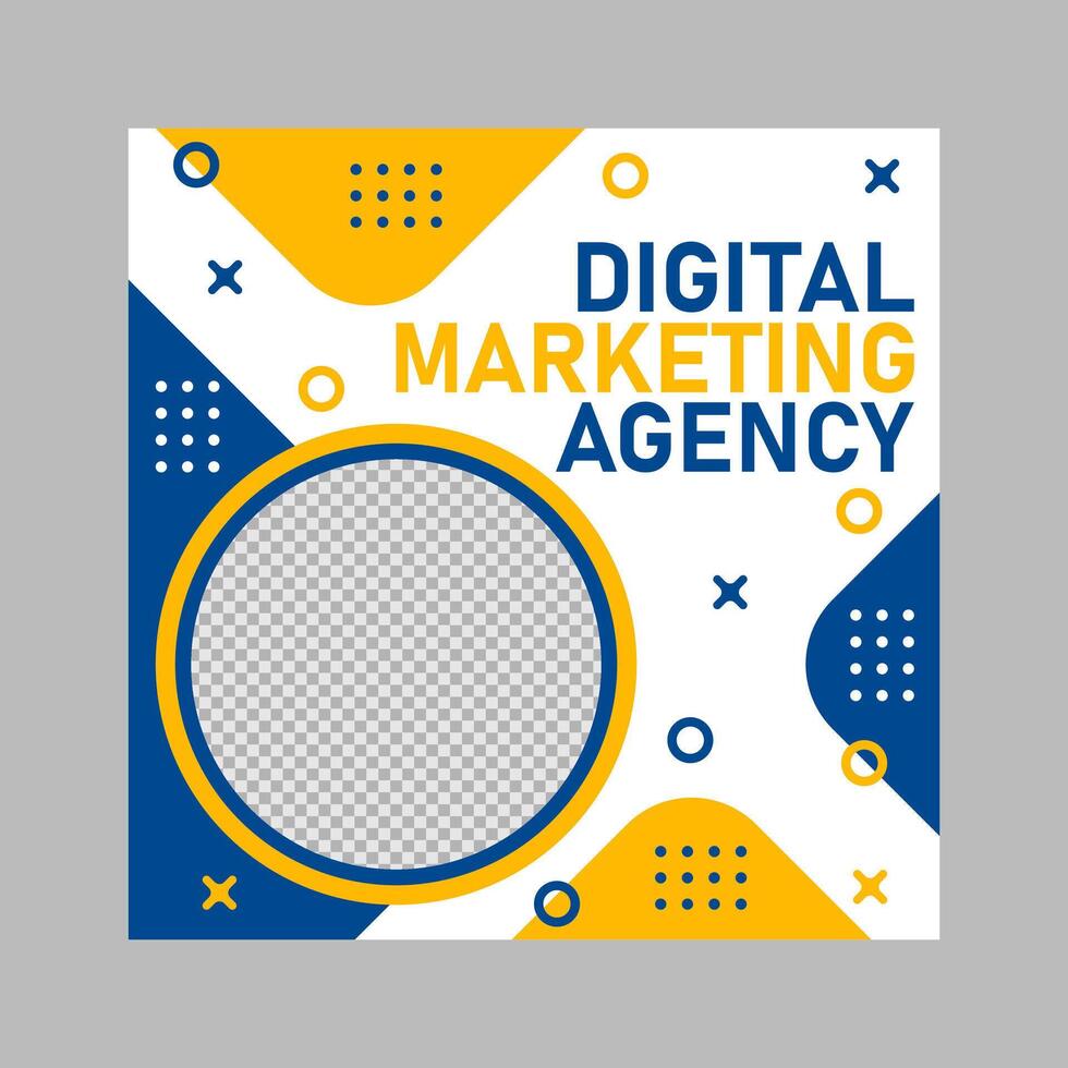 Digital marketing agency template with vibrant yellow, blue, and white circles, crosses, and dots. Perfect for website banners and social media graphics. vector