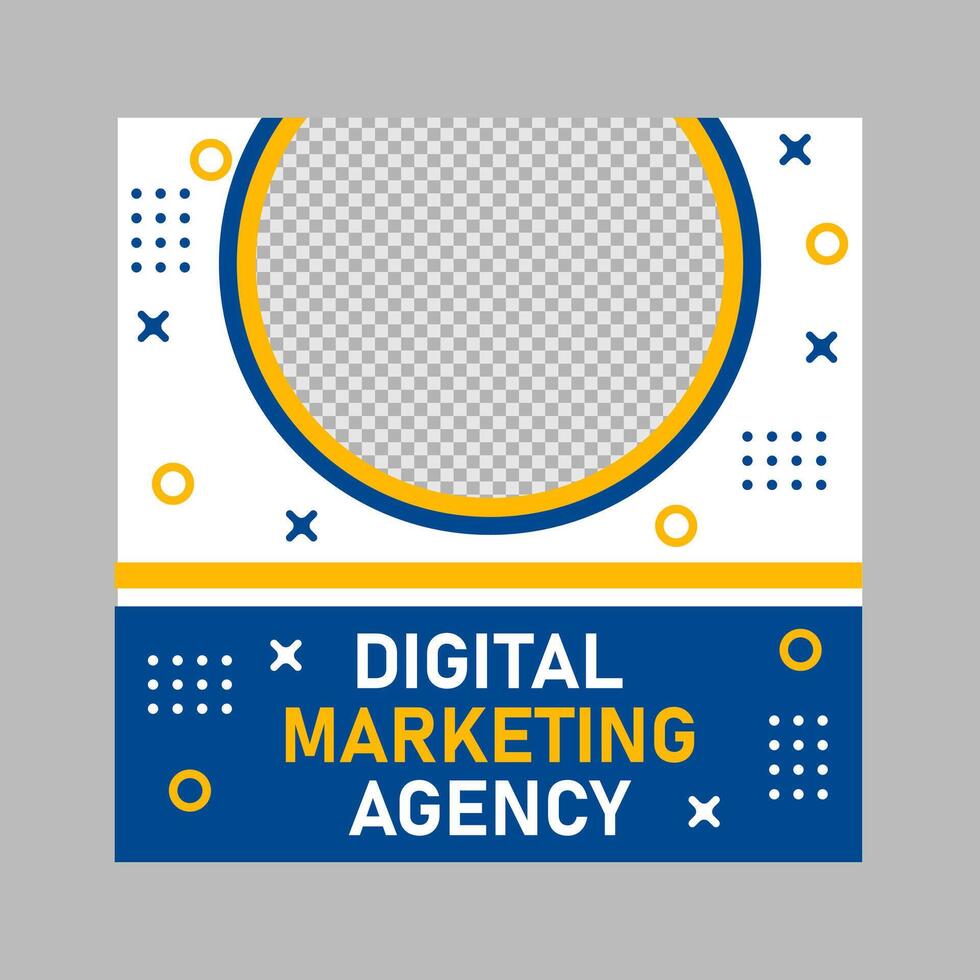 Blue, yellow, white circles, crosses, and text create a vibrant design for a Digital Marketing Agency. Suitable for website banners or social media posts. vector