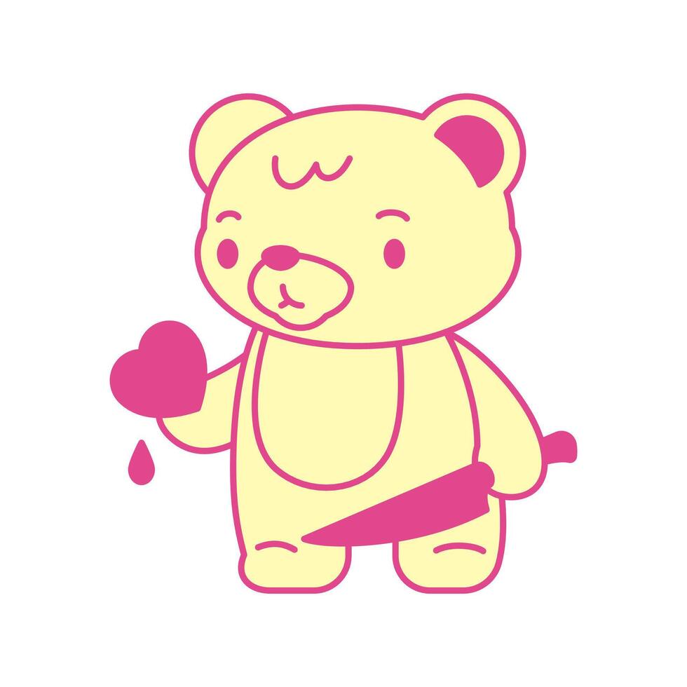 Y2k Kawaii bear toy with heart blood and knife psychedelic retro groovy icon flat vector