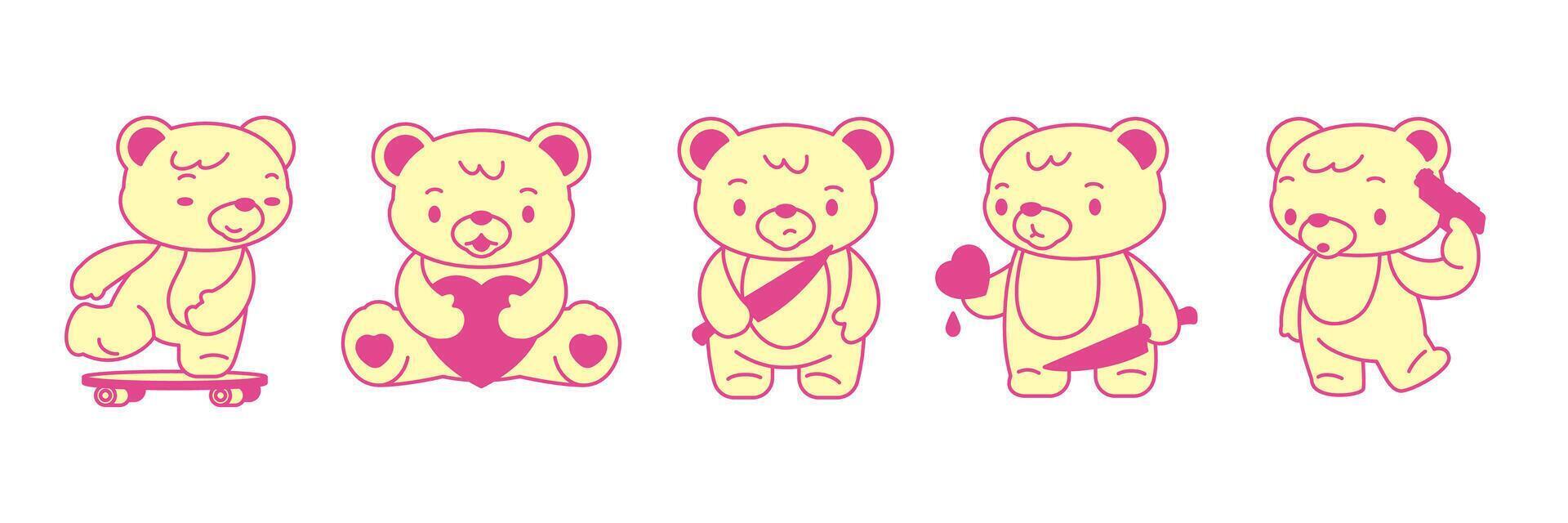 Y2k Kawaii bear toy skateboard love kill suicide psychedelic pop art icon set flat vector