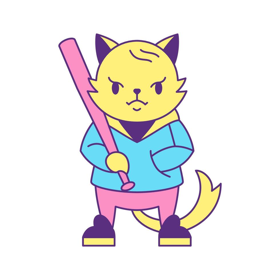 Y2k angry criminal fox street style with baseball bat groovy icon flat illustration vector