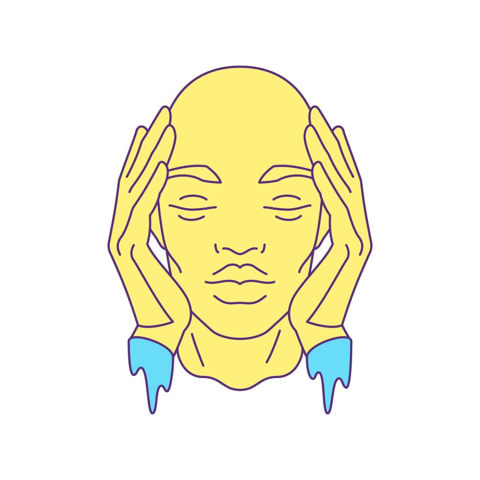 Y2k psychedelic cyber man head with melting vibrant paint hands pop art icon flat vector