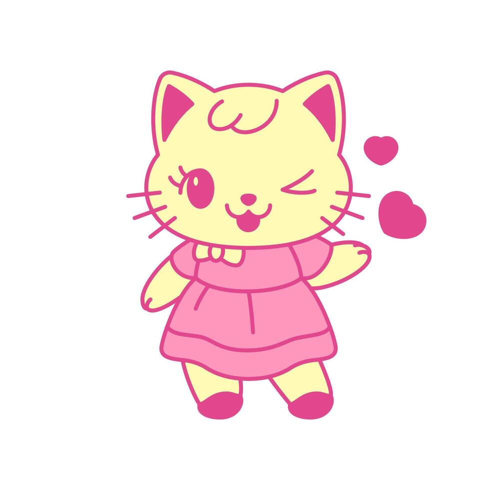 Y2k playful little Kawaii cat wink with heart love retro groovy icon flat illustration vector