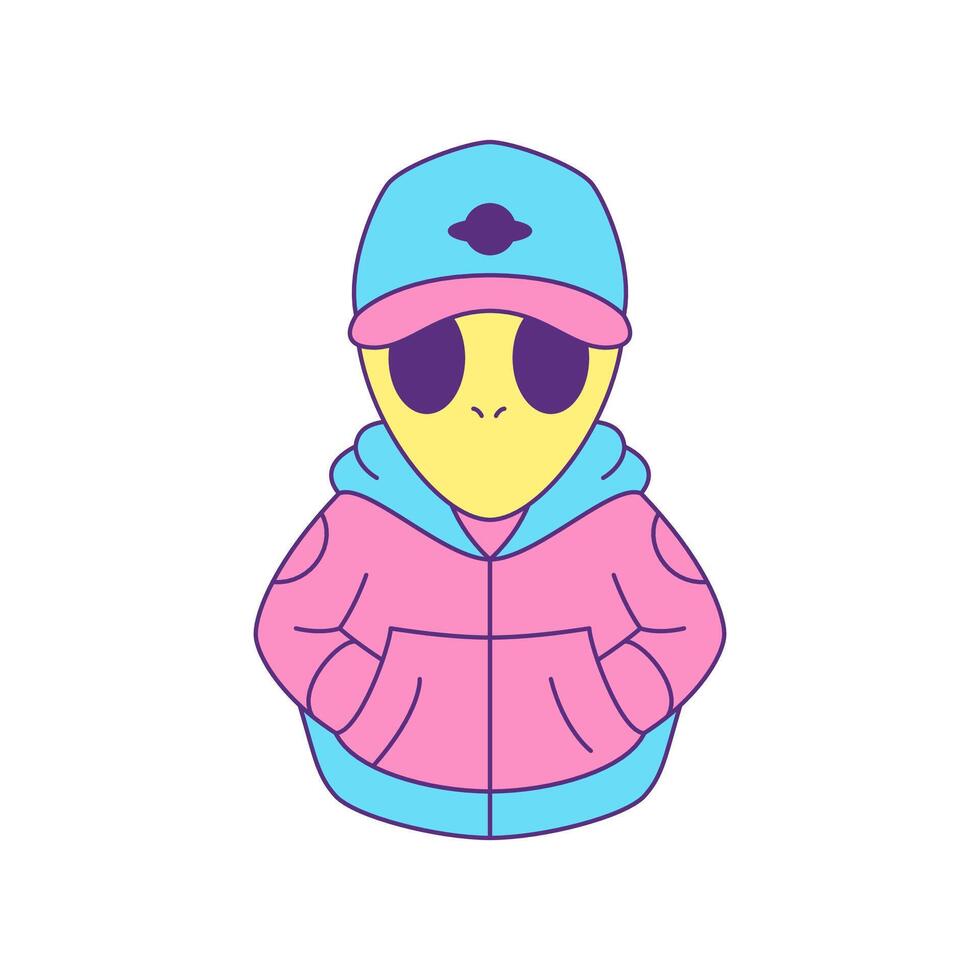 Y2k psychedelic alien UFO street style outfit contemporary pop art icon flat illustration vector