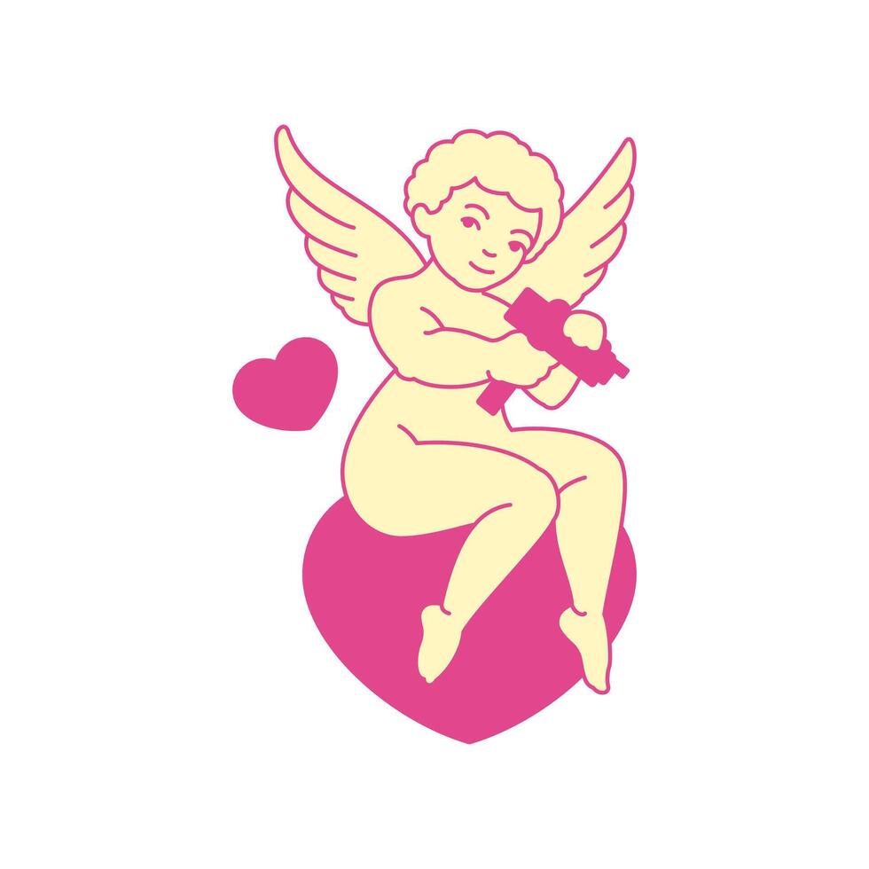 Y2k psychedelic Cupid with gun sitting on heart trendy groovy icon flat illustration vector