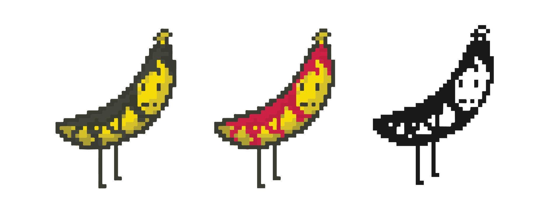 Cute banana fruit figure pixel art set. Adorable retro 8 bit character. Isolated illustration vector