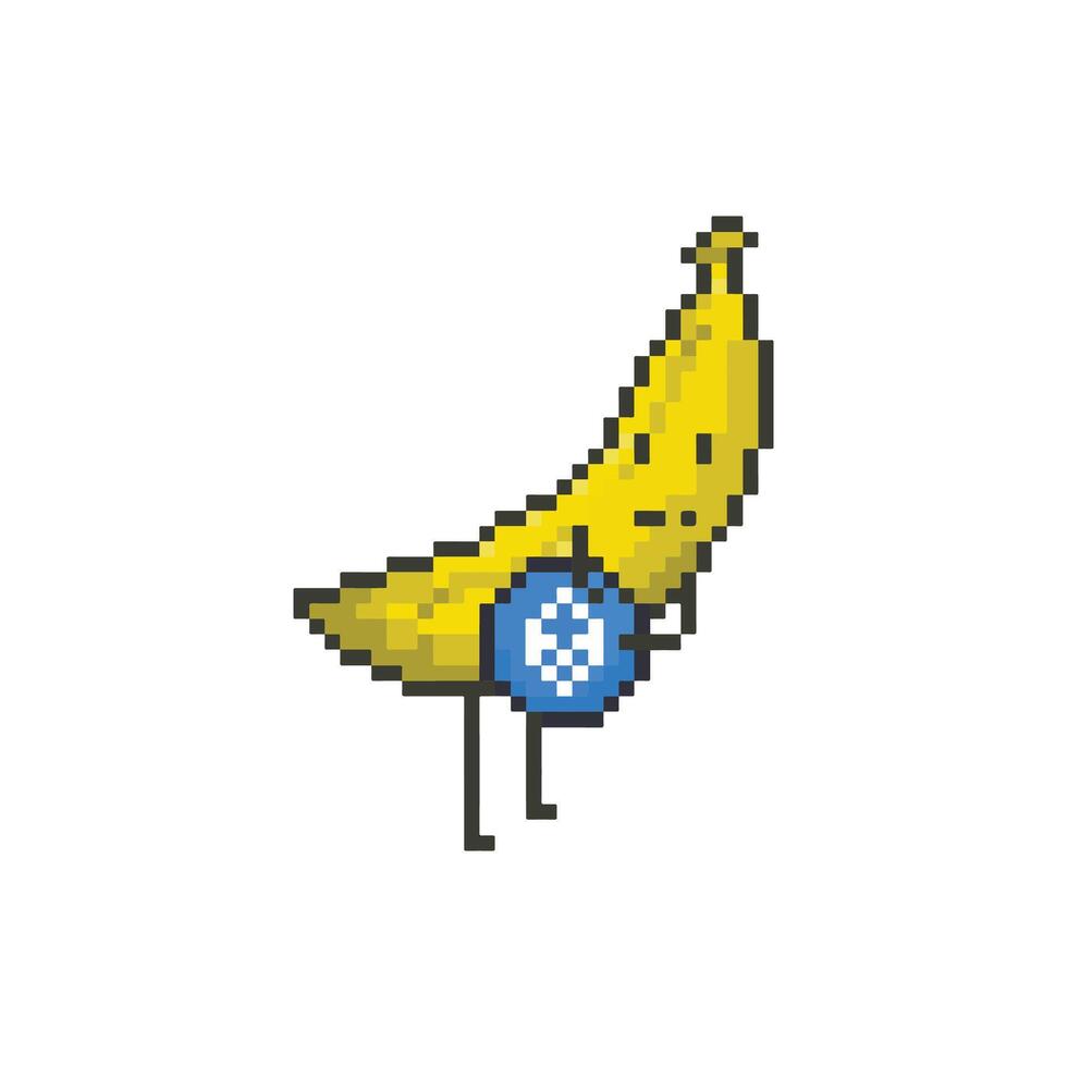 Cute banana holding crypto coin 8-bit pixel art illustration. vector