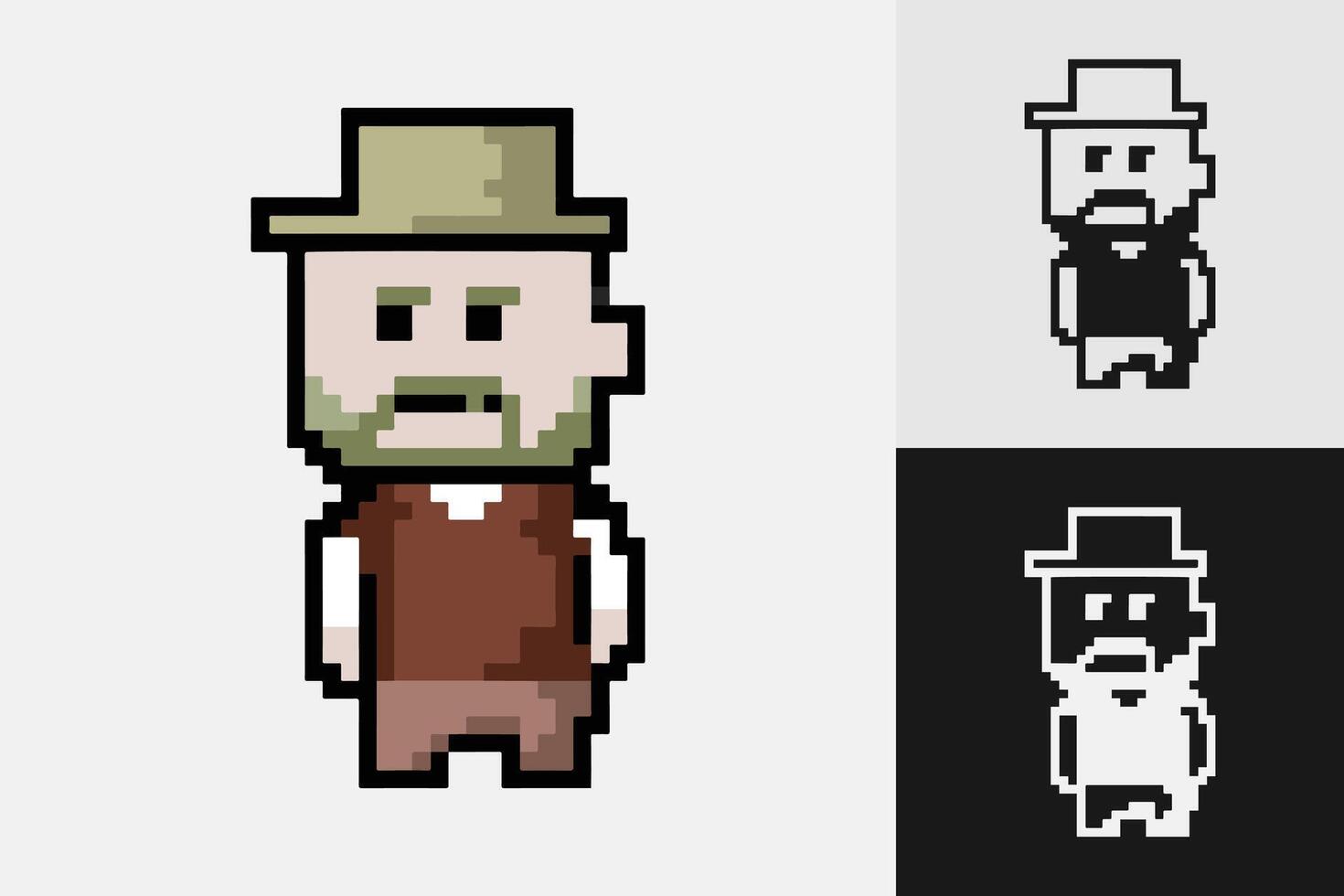 Old man pixel art style characters in different colors. Isolated illustration. vector