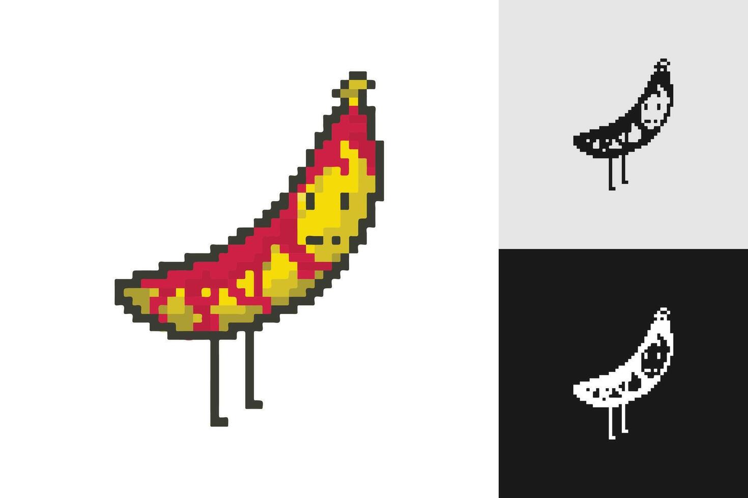 Cute banana fruit figure pixel art set. Adorable retro 8 bit character. Isolated illustration vector