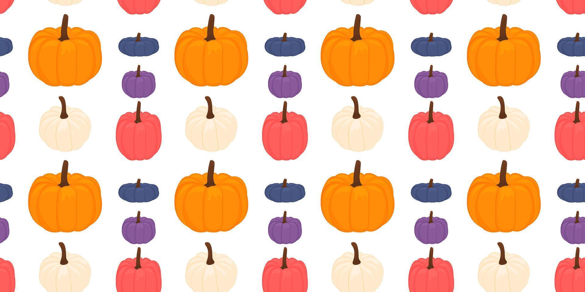 Seamless pattern featuring colorful pumpkins. pumpkins are evenly spaced on a white background, creating a playful and festive autumn design. Ideal for seasonal decor. vector