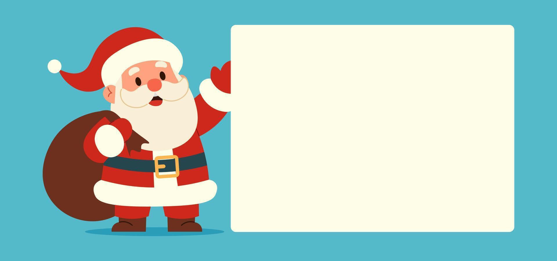 Santa Claus with blank signboard. set against a light blue background, perfect for holiday and Christmas-themed designs. new year, sale banner vector