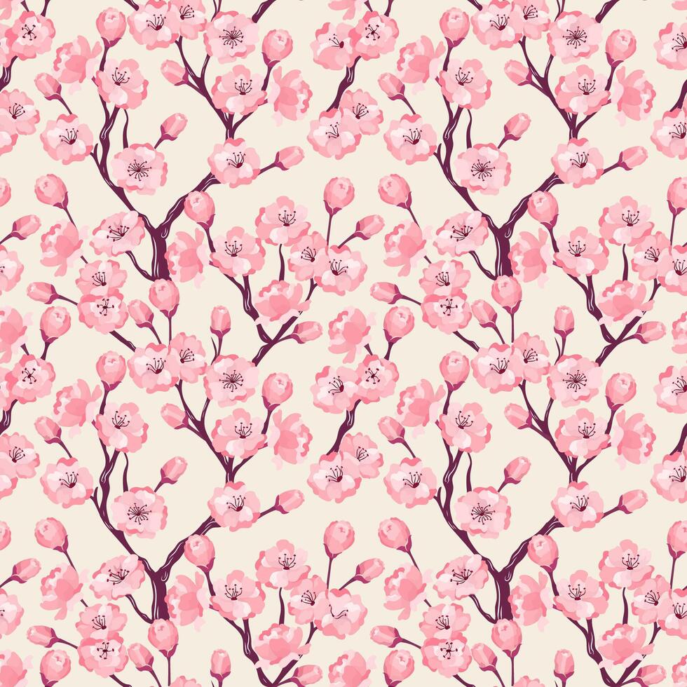 Floral delicate continuous seamless texture with spring cherry blossom branch Pink color blooming sakura illustration repeatable background for textile wallpaper, wrapping paper, print, calico pattern vector
