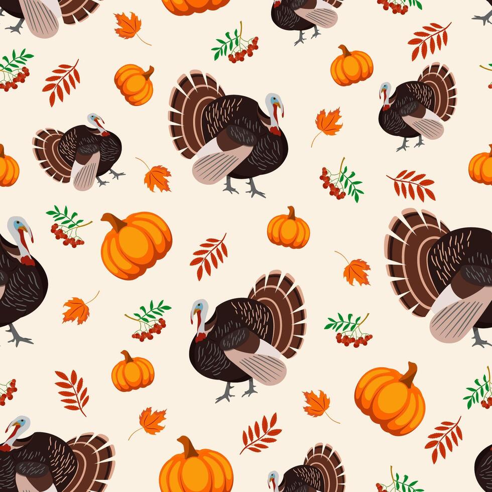 Turkey bird, pumpkin, leaves and berries seamless pattern for Thanksgiving holiday. Cartoon background for wallpaper, packaging, wrapping and background. vector