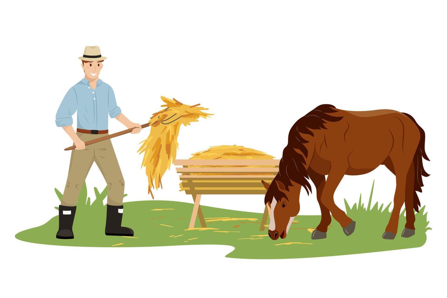 The man takes care of his beloved horse, gives them hay. Horse eat hay at the farm. Country pet. Agricultural work. Isolated character on a white background. illustration in flat style vector