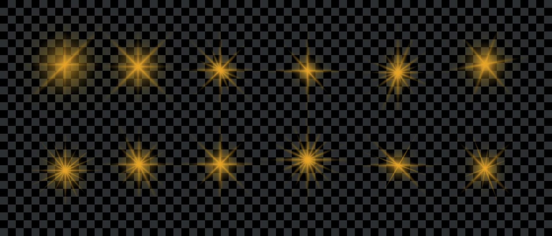 Light effect set. Glow isolated yellow light effect set, lens flare, explosion, glitter, dust, line, sun flash, spark and stars, spotlight, curve twirl. illustration vector