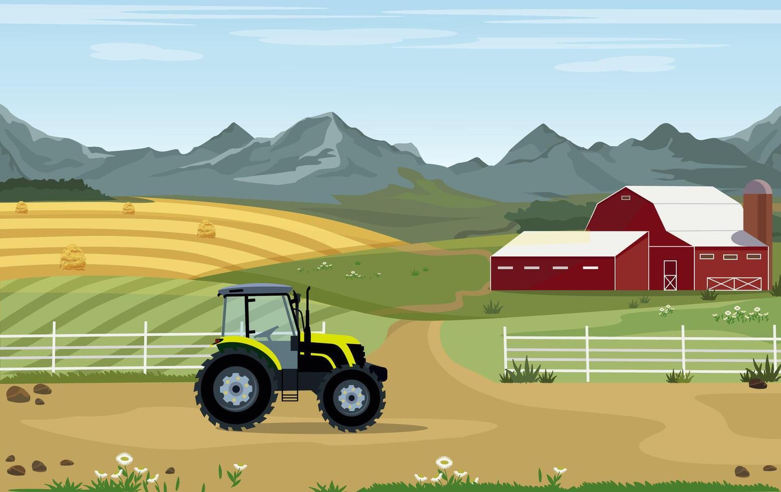 illustration of agriculture and farming. Agribusiness. Rural landscape with a farm and a tractor. Design elements for infographics, websites and print media vector