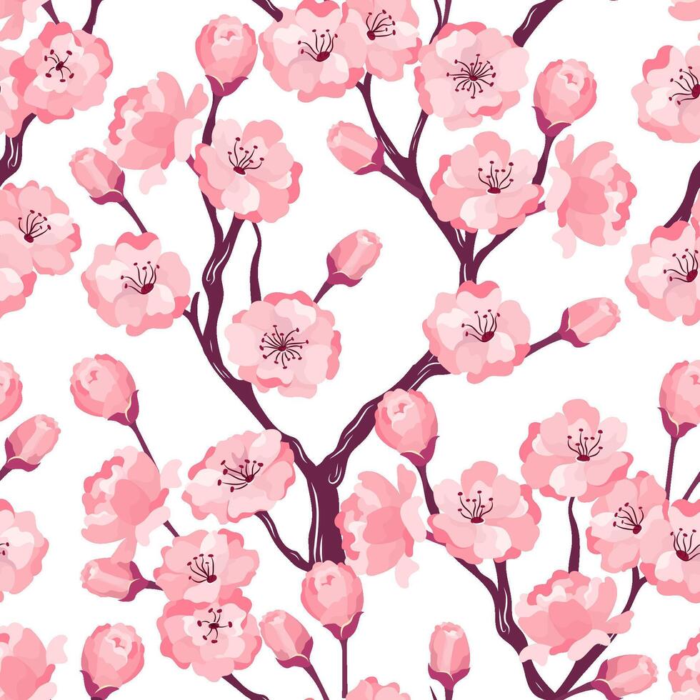 Floral delicate seamless texture with spring cherry blossom branch on transparent background Pink color blooming sakura illustration repeatable textile wallpaper, wrapping paper, print, calico pattern vector